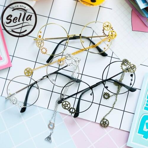 Sella Retro Women Round Steampunk Glasses Frame Ladies Lolita Harajuku Style Gear Chain Decoration Eyewear
