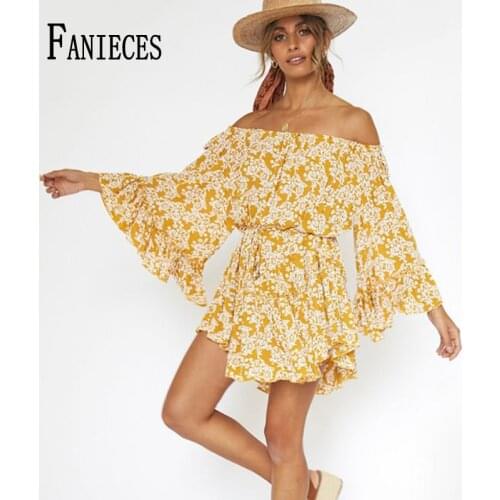 2020 Spring Autumn Long Sleeve Dresses Women Slash Neck Flower Print Ruffles Mini Dress Ladies Elastic Waist Vestido de mujer