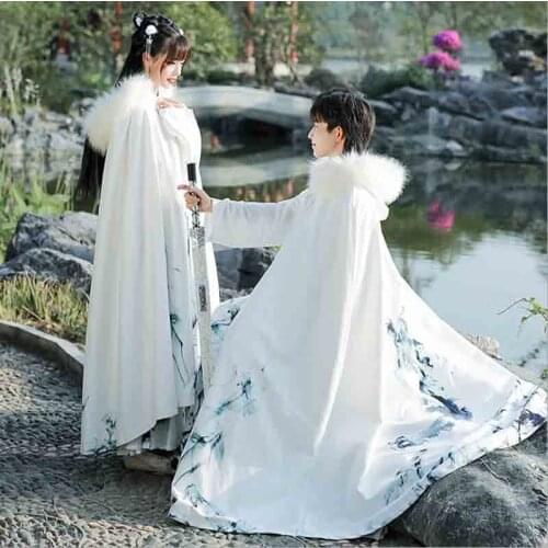 Winter Warm Hanfu Cloak Men&Women Chinese Traditional Hanfu Thick Cape Couples Cosplay Costume Hanfu Clack White For Women/Men