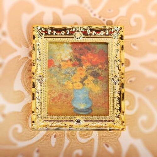 1:12 Golden Plastic Frame with print of Flower Oil Painting Miniature Dollhouse Furniture Unique Collection Great Accessory Gold