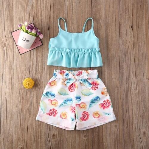 2020 Summer 2 Pieces Toddler Kids Clothes Set Baby Girl Outfits Sleeveless T Shirt and Floral Print Shorts 2pcs Sets