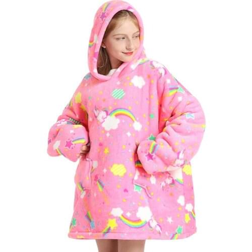 2021 Winter Girl Sleepwear Thicken Warm Hooded Sherpa Blankets Oversized Plush Fleece Girl Hoodie Sweatshirt Height 120-160cm