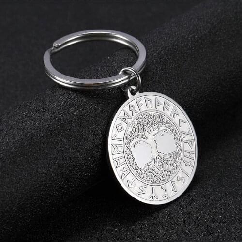 SKYRIM Vintage Viking Tree of Life Runes Keychain Stainless Steel Amulet Charm Key Ring Holder Pendant for to Bag Men Women