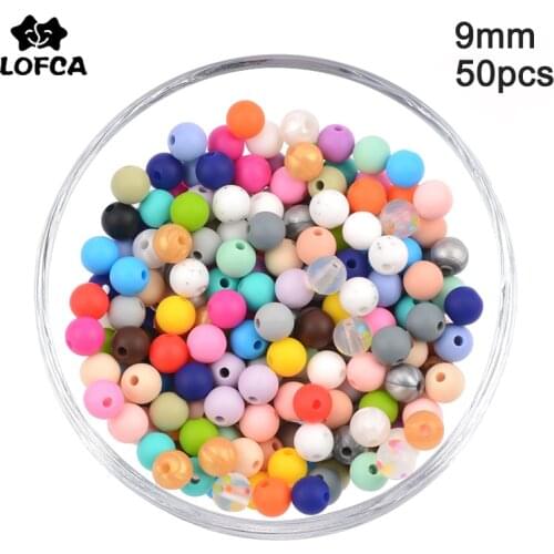 LOFCA 50pcs/lot 9mm Silicone beads Loose Teether Beads BPA Free Food Grade Baby Teether Chew DIY Jewelry Necklace Making