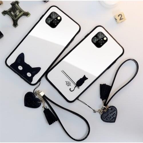 For iPhone 12 11 Pro Max se 2020 Case Cute Cartoon Cat Hard Glass Cover For iPhone 12 6 6S 7 8 Plus x xr xs max 5 SE2 Give Strap