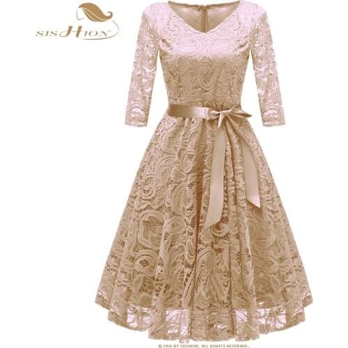 SISHION Elegant Lace Christmas Party Dress VD0712 Long Sleeve Autumn Women Ladies A Line Lace Dresses Plus Size Women Dress