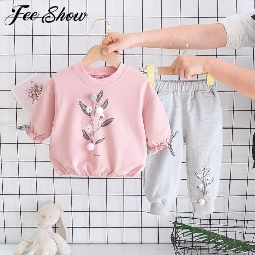 FEESHOW Autumn Clothes Set Kids Girls Tracksuit Outfits Set Cotton Ruffle Cuffs T Shirt Top Casual Pants Toddler Kids Suit 1-3Y