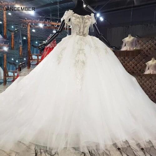HTL1918 Elegant Extravagant Sequin Crystal Wedding Dress 2020 Deep V-Neck Short Sleeve Lace Up Back Off The Shoulder