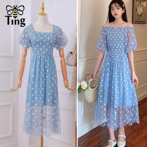 Tingfly Summer Soft Girl Sweet Daisy Flower Embroidery Casual Boho Dress Puff Sleeve E-girl Streetwear Bohemian Dress Elastic