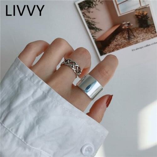 LIVVY Silver Color Twist Woven Ring Female Big Smooth Wide Rings Retro Simple Light Luxury Distressed Open Jewelry