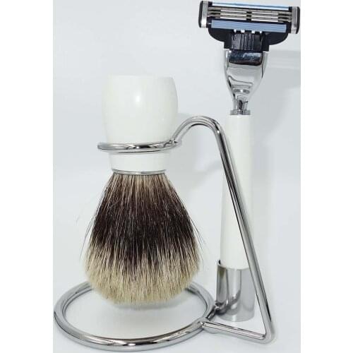 WLONG 3 Pieces Mens Beard Care Brush Set with Natural Pure Badger Hair and Germany Original Safety Razor