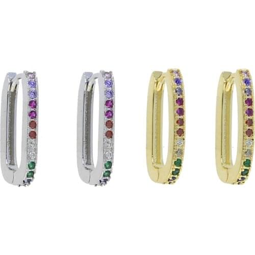 Wholesale Classic Geometric Fashion Jewelry Micro Pave Rainbow CZ Rectangle Huggie Hoop Earring For Multi Piercing
