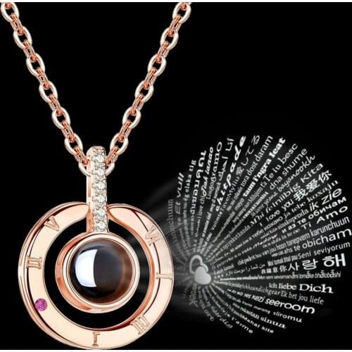 Rose Gold Silver color 100 languages I love you Couple Pendant Necklace Romantic Lover Projection Necklace Gift Factory price