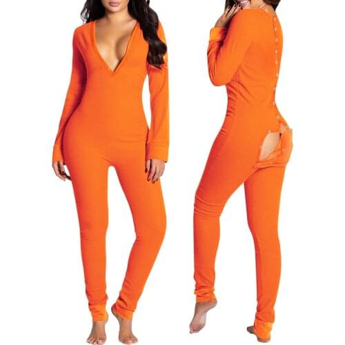 Womens Sexy Butt Buttoned Flap Pajamas, V Neck Bodycon Long Sleeve One Piece Jumpsuit Rompers