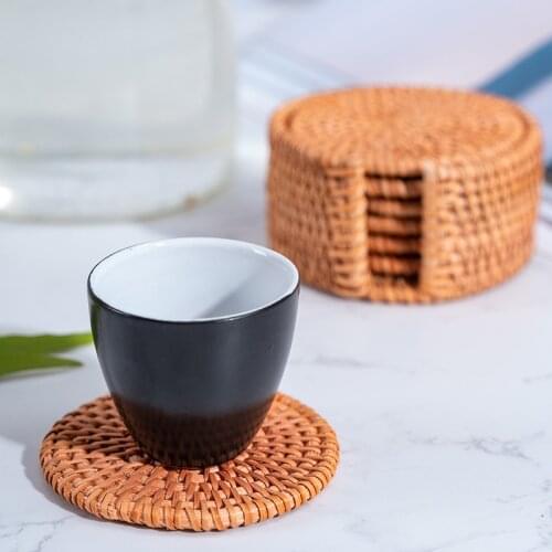 Rattan Coasters with Holder Storage Box Handmade Tea Cup Round Edge Coasters for Kitchen Table Drinks Crafts KI