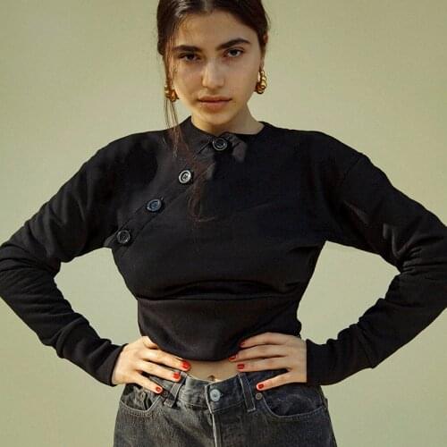 New Casual Long Sleeve Splice Crop Top Solid Button Gothic Vintage Slim Top O Ncek Patchwork Leisure Autumn Tshirt