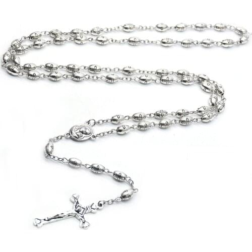 QIGO Antique Alloy Beads Cross Rosary Necklace For Men Women Religious Long Pray Jewelry