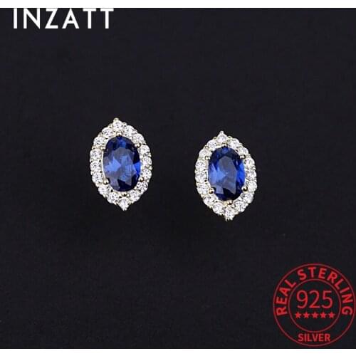 INZATT Real 925 Sterling Silver Zircon Blue Oval Crystal Stud Earrings For Fashion Women Party Gothic Fine Jewelry Accessories