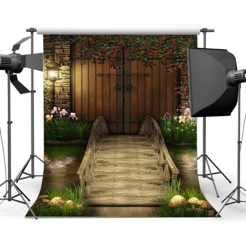 Fairytale Backdrop Dreamy Retro Wood Door Backdrops Red Flowers Green Leaves Vine Mushroom Background