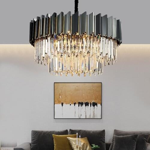 Led Modern Lighting Living Room Luxury Pendant Lights Round Black Metal Lustre K9 Crystal Hanging Lamp Led Lighting Fixtures