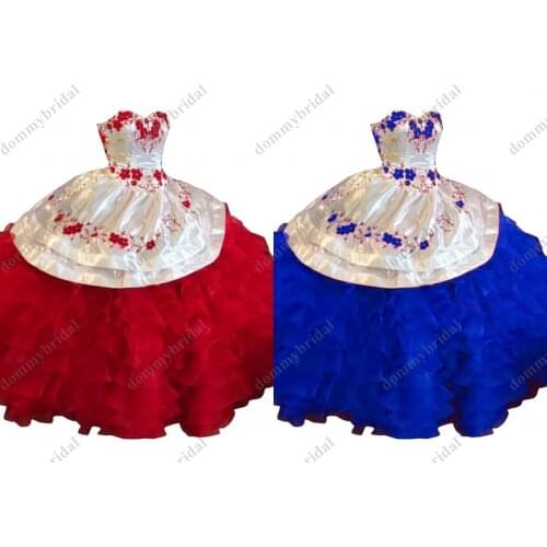 Modern Red Royal Blue Embroidery Flowers Ruffles White Sweetheart Quinceanera Dresses Graduation Party Formal Women Girls Cheap