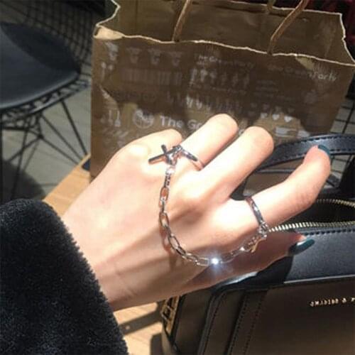 Korean Personality 2 Connecting Finger Ring Punk Chain Finger Knuckle Opening Rings for Women Men Jewelry
