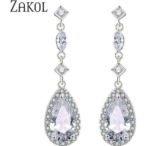 ZAKOL New AAA+ Water Drop Cubic Zirconia Dangle Drop Earrings Fashion White Color Earrings for Women Wedding Jewelry FSEP2214