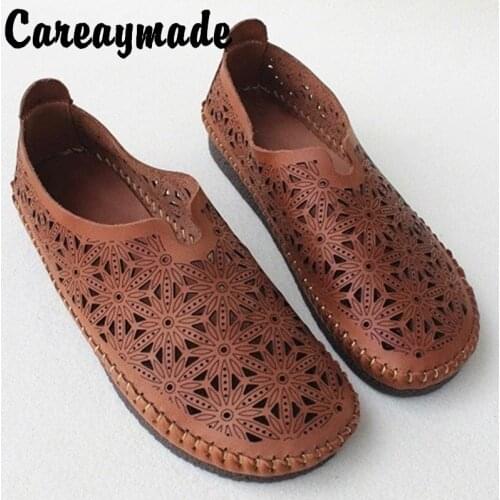 Careaymade-Hollow punch flat soft sole single shoes retro breathable full leather pure leather top layer cowhide womens shoes