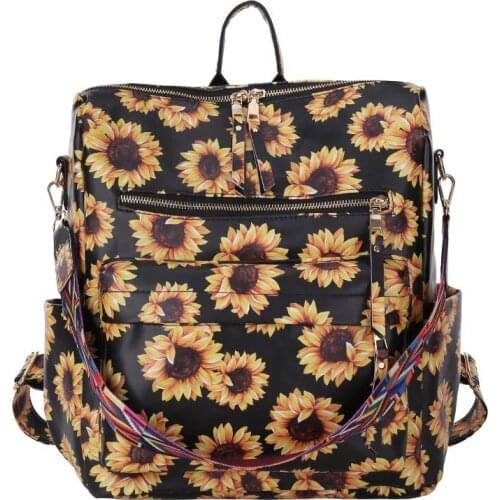 Fashion PU Leather Sunflower Print Women Shoulder Backpack Snakeskin Handbag Multifunction Travel Tote Bag