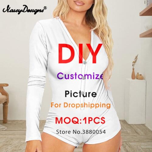 Customized Image Logo Women Jumpsuit Elegant Tight Long Sleeve Skinny Bodysuit Short Lady Summer V Collar Plus Size 4XL Dropship