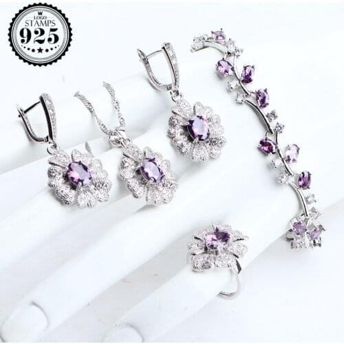 Silver 925 Bridal Jewelry Sets For Women Purple Zirconia Wedding Jewelry Necklace Set Pendant Ring Earrings Bracelets Gifts Box