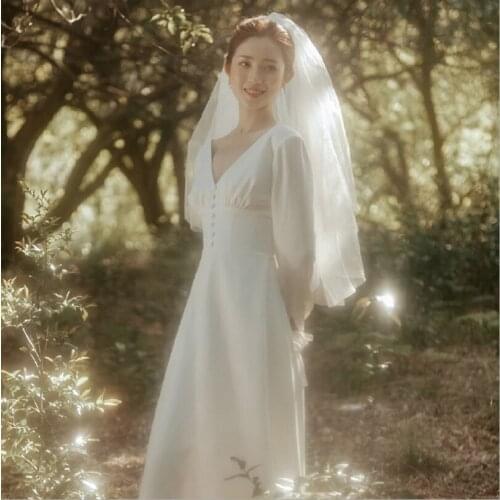 New Satin Bride Dress Full Sleeves V neck robes de soirée dresses for women 2021 vestidos elegantes para mujer vestidos de novia
