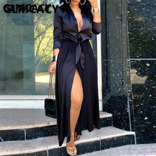 Women Long Sleeve V Neck Slit Satin Dress Elegant Evening Party Maxi Dress