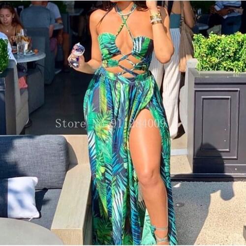 2020 New print green leaves chiffon beach long dress sexy women halter high split bikini swimsuit bathing suit cover up dress be
