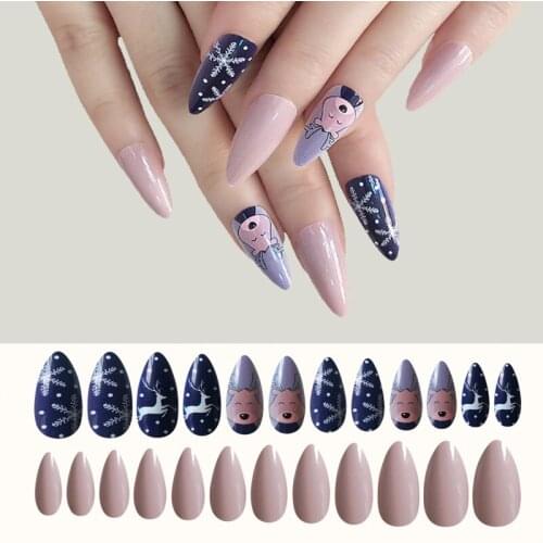 24Pcs/Set Stiletto Shape Fake Nails with Designs Christmas Style Girl Nails Simple and Convenient Operation Artificial Nail Tips