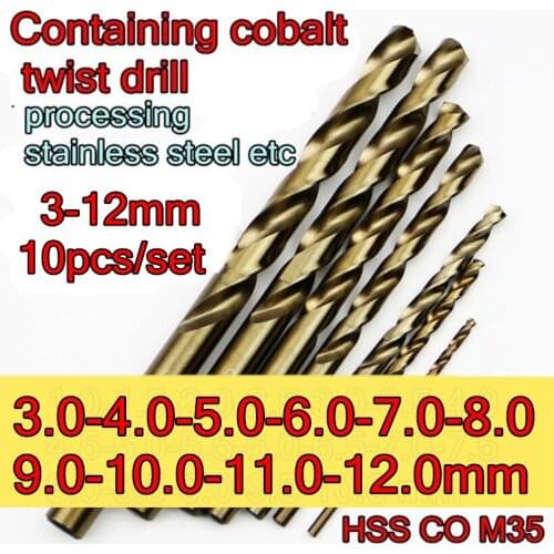 3 4 5 6 7 8 9 10 11 12mm 10pcs/set HSS CO5% M35 Containing cobalt Twist drill Processing: stainless steel and steel, etc