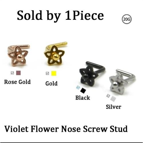 316l Surgical Steel Assorted Colors Violet Flower L Shape Nose Screw Stud Rings Piercing Jewelry For Sexy Charming Girls 20g