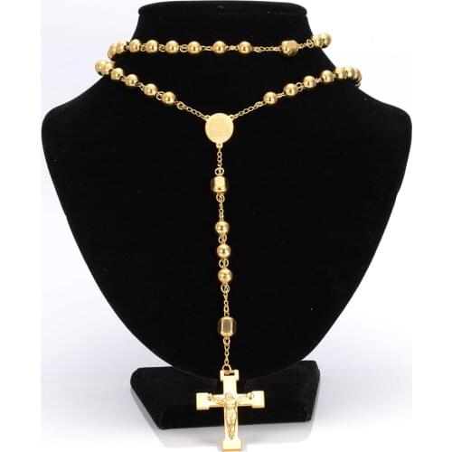 8mm Full Gold Filled Stainless Steel Bless Rosary Beads Link Trendy Sweater Chain Catholic Womens Necklace Jewelry
