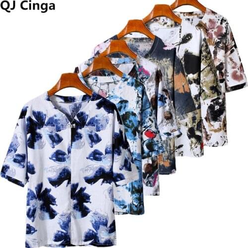 White V Neck Pullover T Shirt Mens Half Sleeved Print Tees Summer New T-shirt Plus Size Chinese Style Men Top 5xl