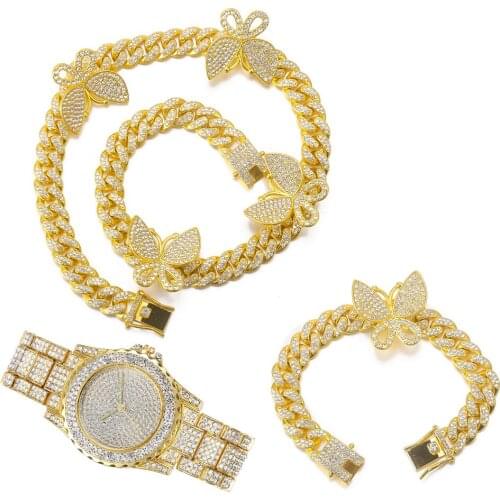 Hip Hop Iced Out 12MM Full Paved Rhinestones Miami Curb Butterfly Cuban CZ Necklace+Watch+Bracelet For Men Women Charm Jewelry