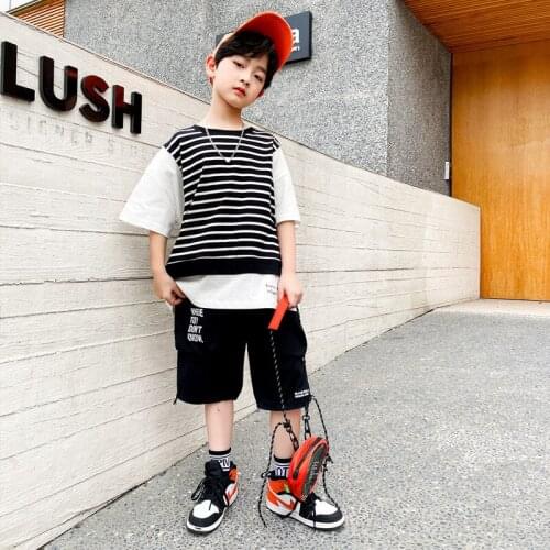 Kids 2pcs boys summer cotton suits new striped short-sleeved T-shirt shorts new big virgin shirt 4-12 years old