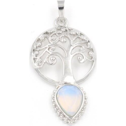FYSL Silver Plated Tree of Life Water Drop Opalite Opal Pendant for Gift Tiger Eye Stone Jewelry