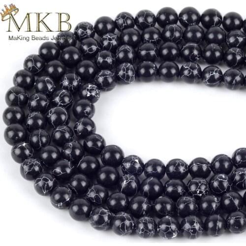 Smooth Black Line Turquoises Round Loose Beads For Jewelry Making 4 6 8 10 12mm Stone Beads Diy Bracelet Accessories 15" Strand