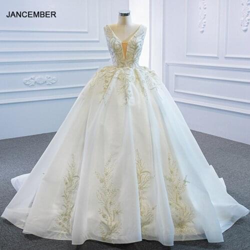 J67167 Jancember New White Wedding Dress 2021 V-Neck Sleeveless Satin Applique Beaded Lace Up Back Ball Gown