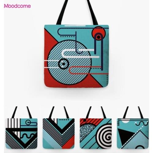 Classic Geometric Memphis Pattern Art Supermarket Shopper Bag Blue Large Cotton Linen Grocery Beach Bag Foldable Travel Tote Bag