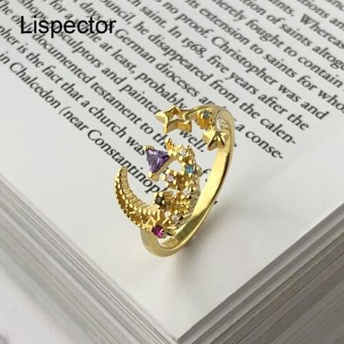 Lispector 925 Sterling Silver Colorful Zircon Crescent Moon Rings for Women Luxury Hollow Star Ring Party Female Jewelry Gifts