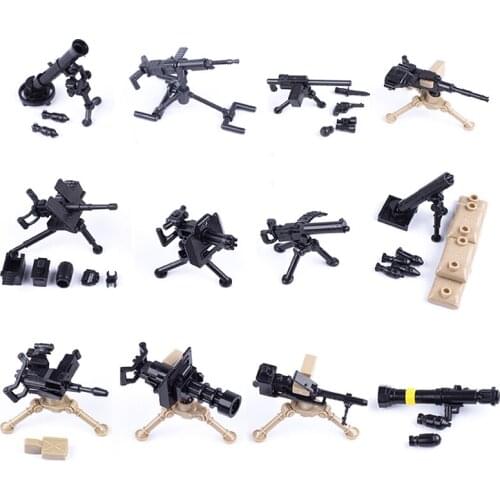 WW2 Army Weapons Bricks Gatling M2 Mortar Bazooka Building Block City SWAT Accessories Heavy Machine Gun Model Toy for Children