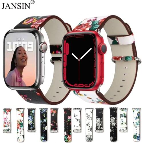 Floral Printed Leather Bracelet Belt for Apple Watch band 42mm 38mm leather Band Loop Strap for apple watch SE Series6 44mm 40mm