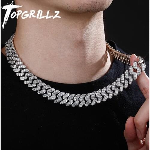 TOPGRILLZ 16mm Luxury Baguette Prong Set Cuban Necklace in White Gold High Quality Micro Pave CZ Jewelry Hip Hop Gift For Men