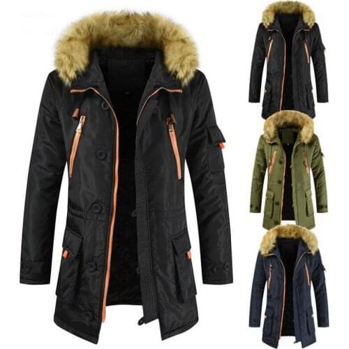 Mid-Length Padded Jacket Men Plus Velvet Thick Warm Parkas Oversized Fur Collar Cotton Coat Couple Outwear